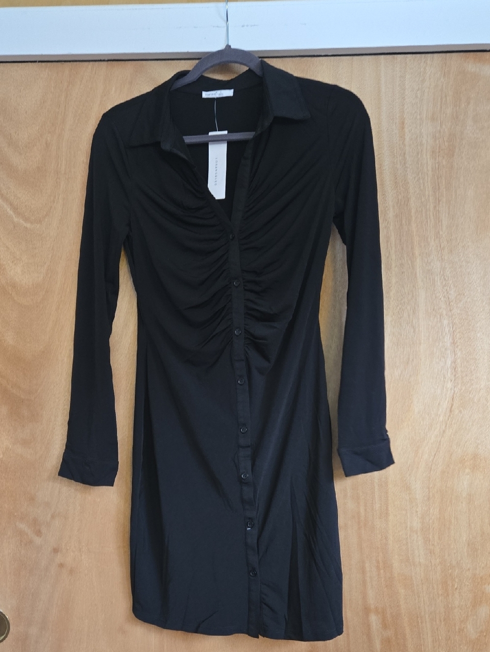 Timing Black Ruched Button-Front Long Sleeve Dress